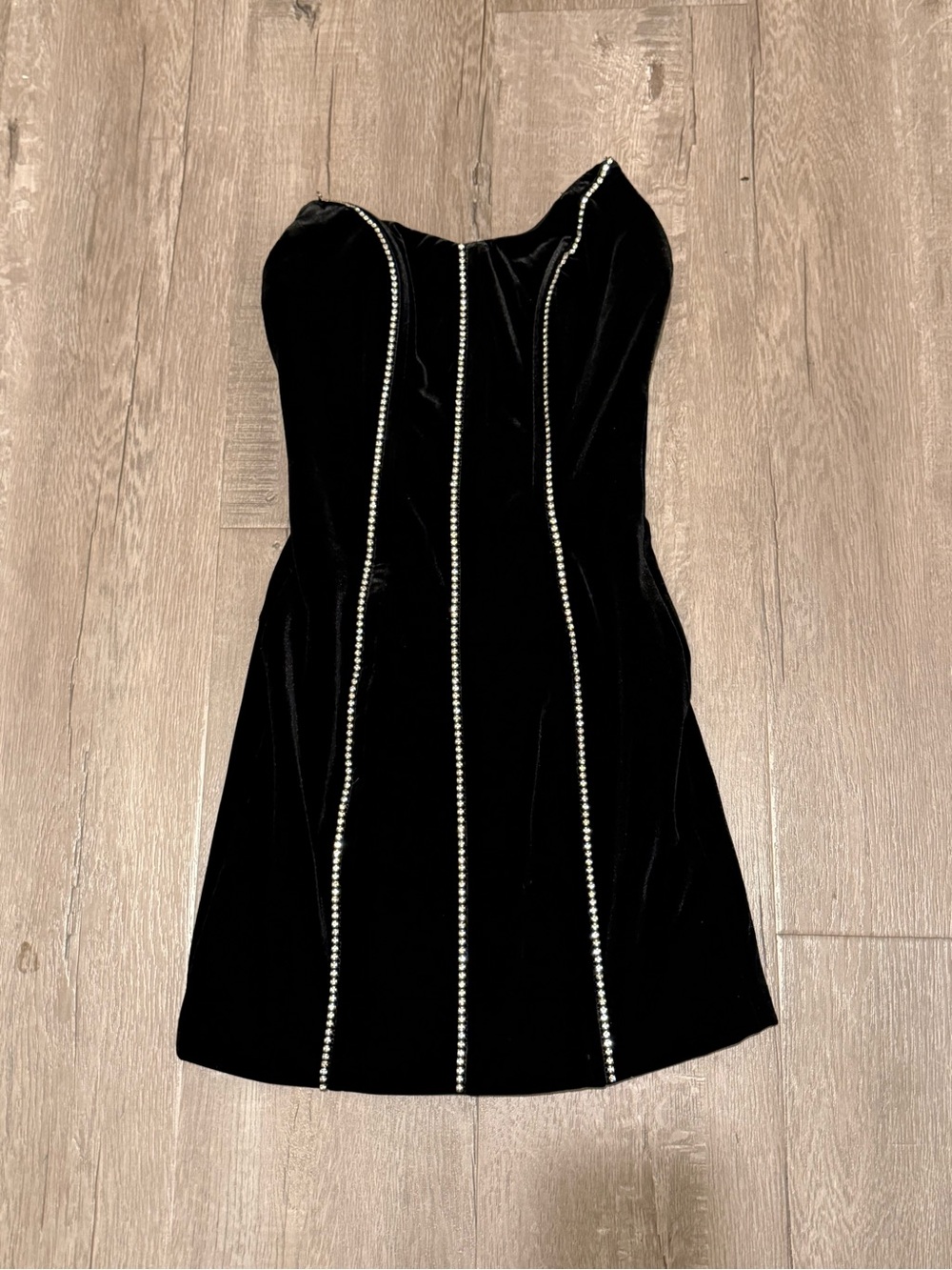 naked wardrobe Black Strapless Velvet Mini Dress with Rhinestone Panels